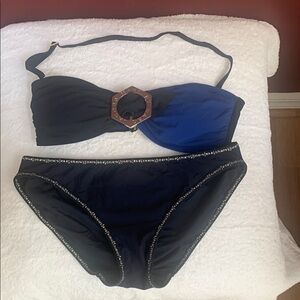 Marc by Marc Jaco Chic Black and Blue Bandeau Bikini with Decorative Centerpiece
